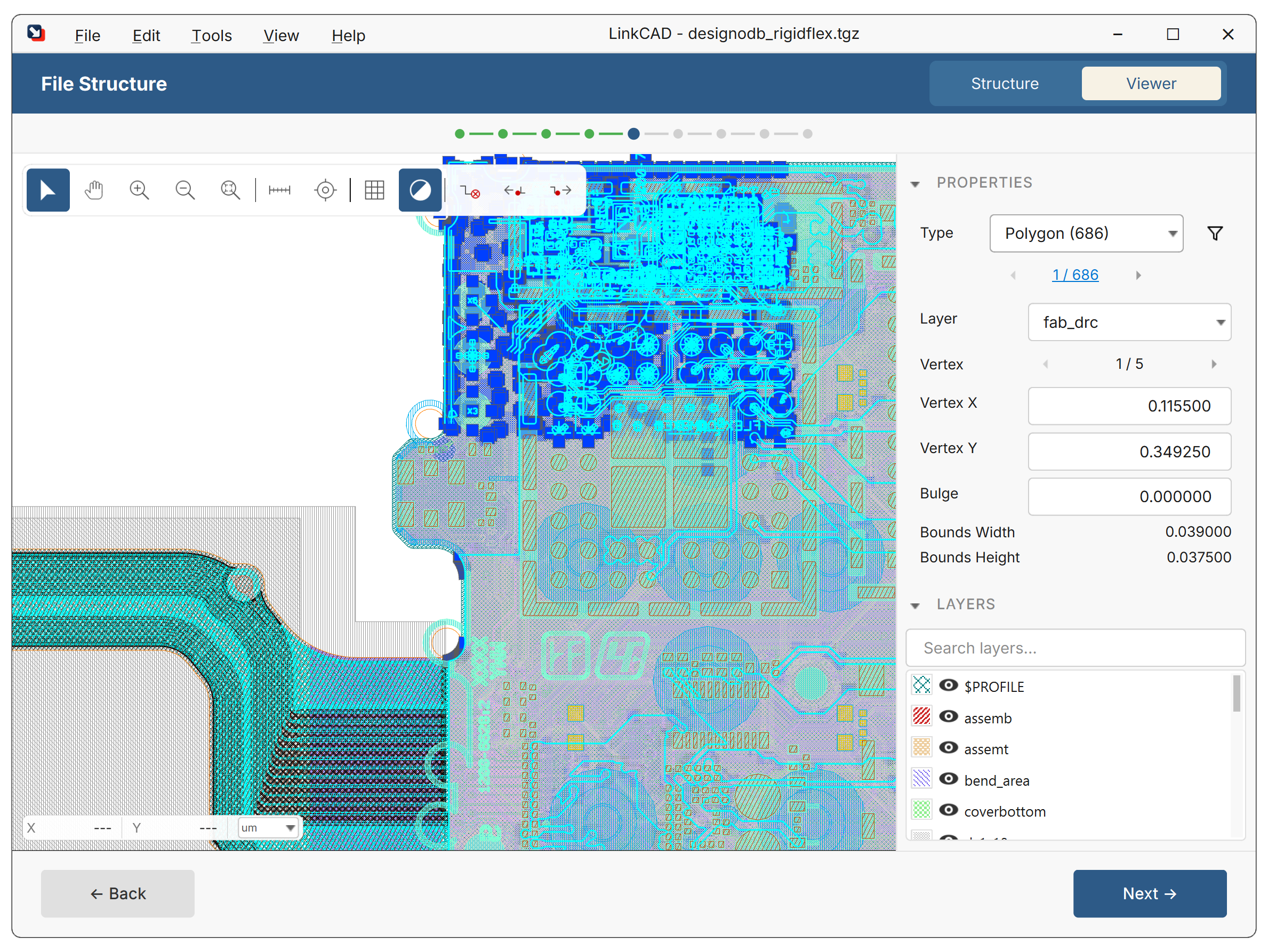 LinkCAD CAD viewer showing a rigid-flex PCB layout with layer panel and shape properties